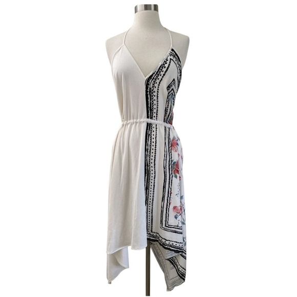 ZARA Combined Asymmetric Halter V-Neck Dress Rose Print Black/White/Red Sz S - Picture 2 of 10